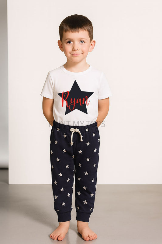 Boys Navy Star Personalised Pyjamas – Your Name Kids Nightwear Pyjamas Print My Tops