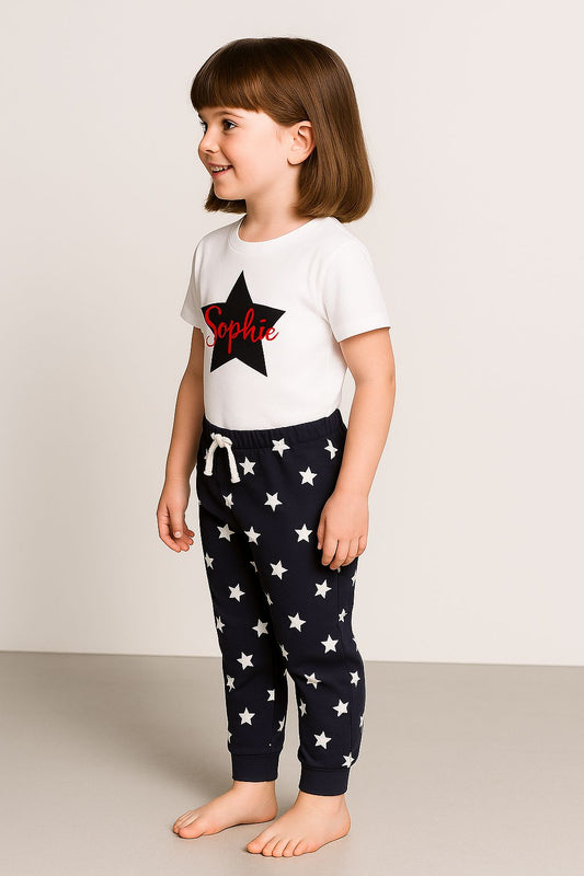 Girls Navy Star Personalised Pyjamas – Your Name Kids Nightwear Pyjamas Print My Tops