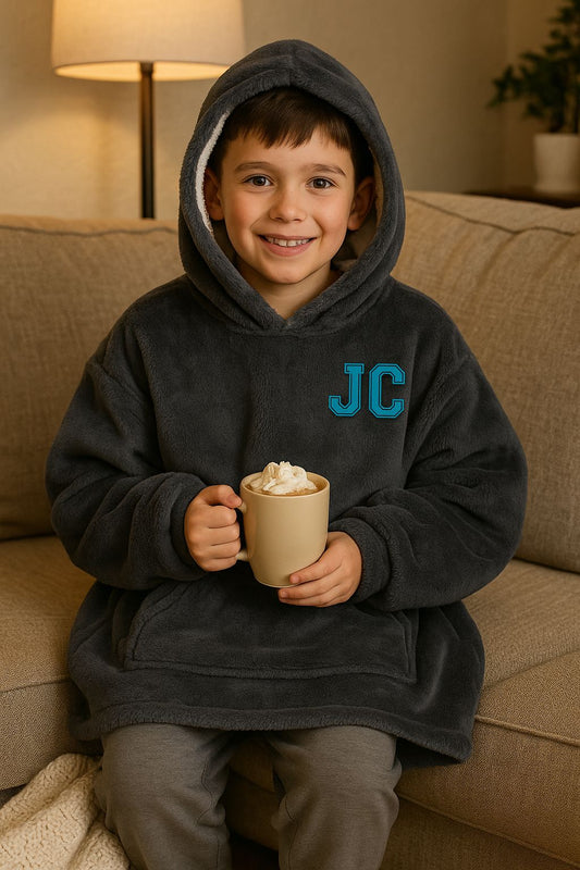 Kids Personalised Hooded Fleece Blanket - Flankie Pyjamas Print My Tops 3- 7 Years Grey