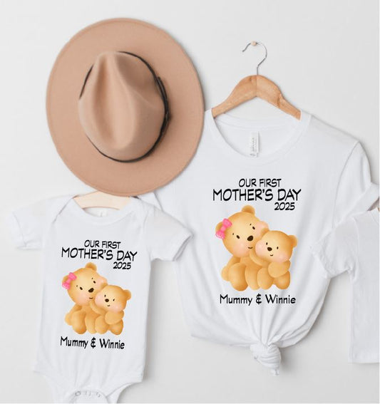 Mum and Baby First Mothers Day Personalised Bear Tops T-shirt Print My Tops