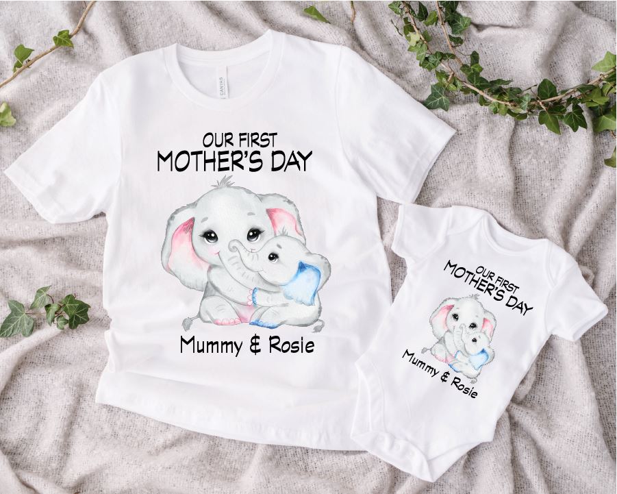 Mum and Baby First Mothers Day Personalised Blue Elephant Tops T-shirt Print My Tops