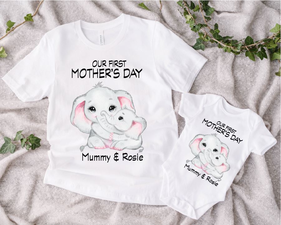 Mum and Baby First Mothers Day Personalised Pink Elephant Tops T-shirt Print My Tops