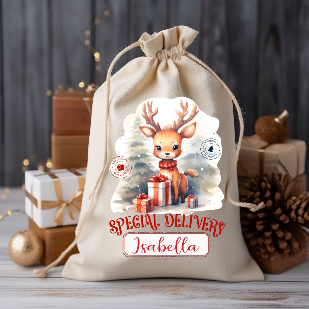 Personalised Christmas Reindeer Gift Sack Bag Print My Tops