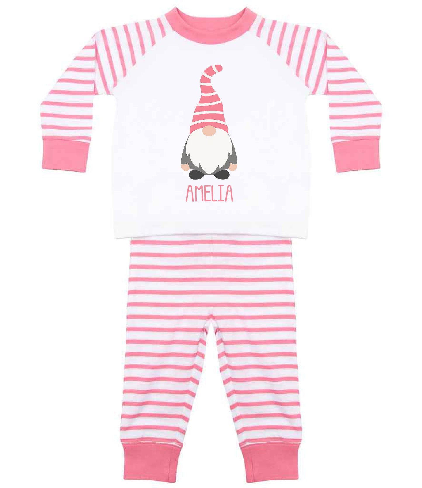 Personalised Kids Gonk Pyjamas Pink Stripes Pyjamas Print My Tops 0-6 Months