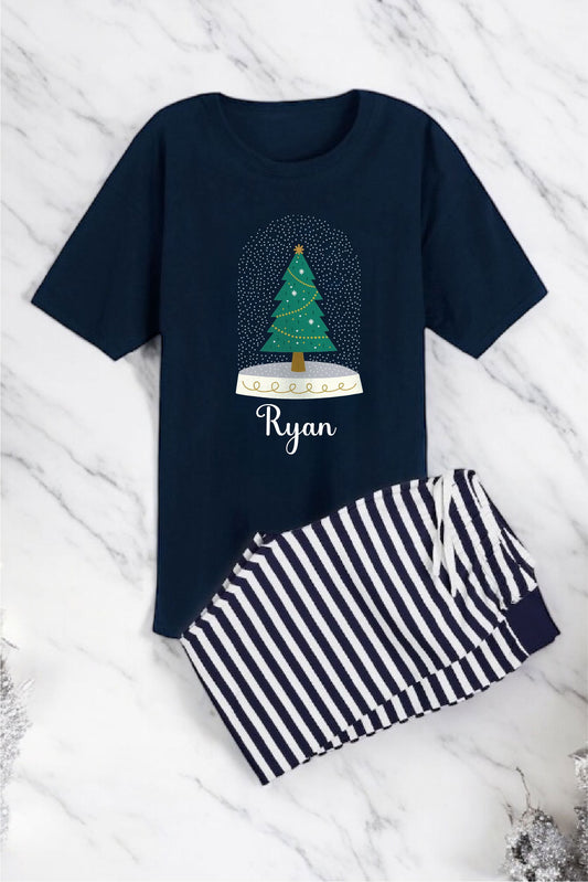 Personalised Navy Christmas Pyjamas – Snow Globe Tree Design, Matching Family Xmas PJs Pyjamas Print My Tops