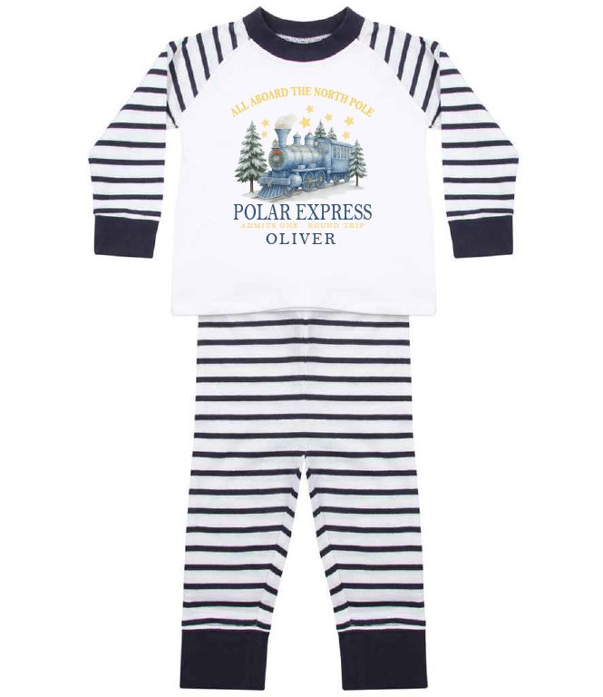 Personalised Polar Express Christmas Pyjamas β Blue or Pink Striped PJs Pyjamas Print My Tops Blue 0-6 Months