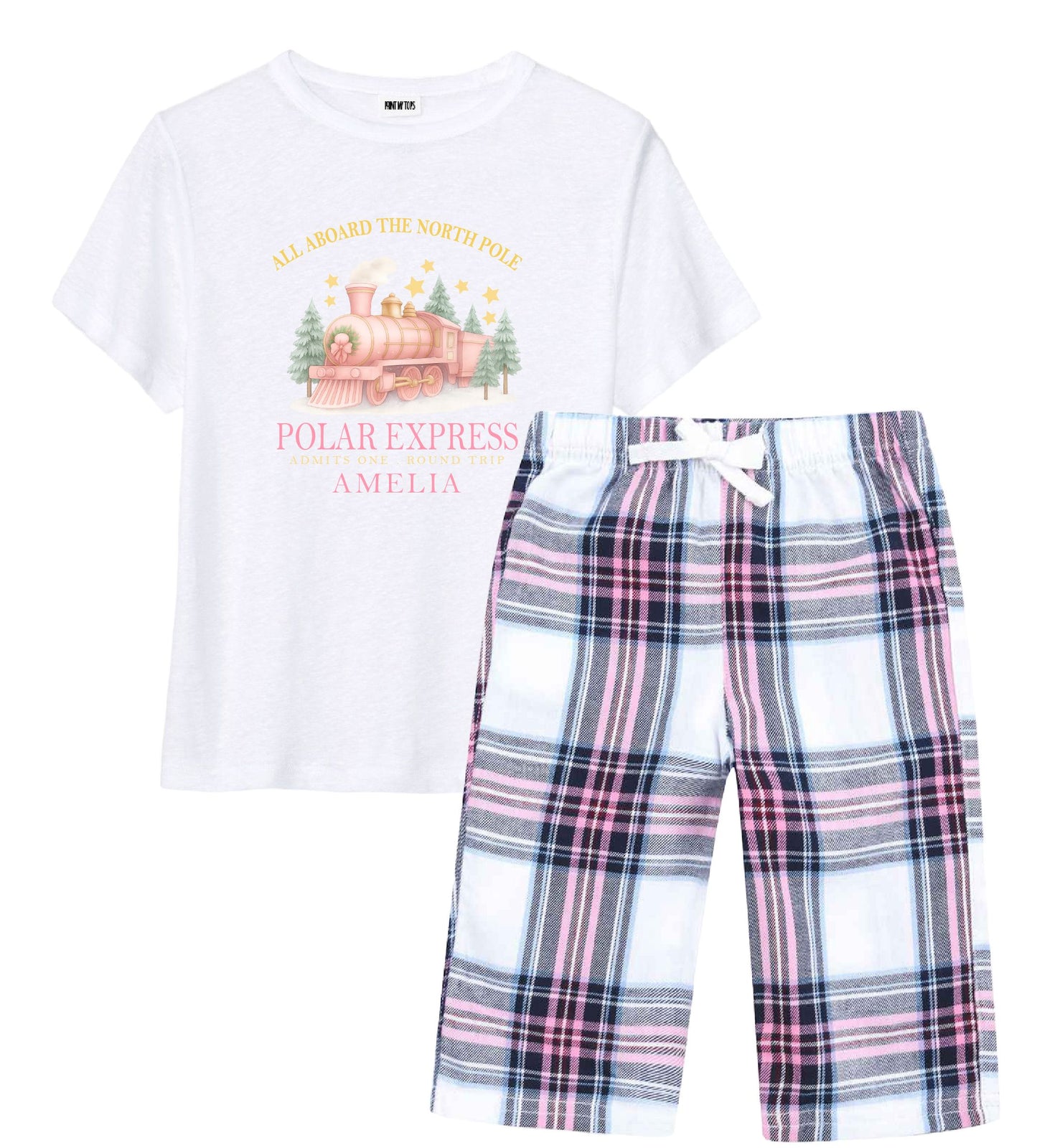 Personalised Polar Express Christmas Pyjamas – Pink Check PJs for Kids Pyjamas Print My Tops
