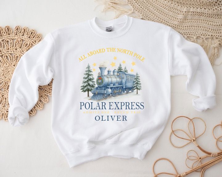 Personalised Polar Express Sweatshirt – Blue Train Christmas Jumper Sweatshirt Print My Tops