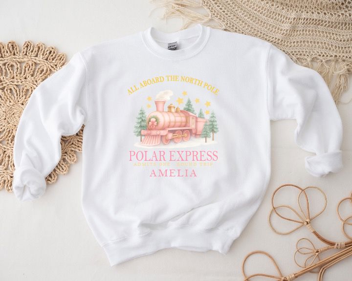 Personalised Polar Express Sweatshirt β Pink Train Christmas Jumper Sweatshirt Print My Tops 1-2 Years