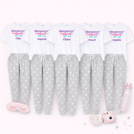 Personalised Sleepover Squad Pyjamas Pyjamas Print My Tops 12-18 Months Grey Stars