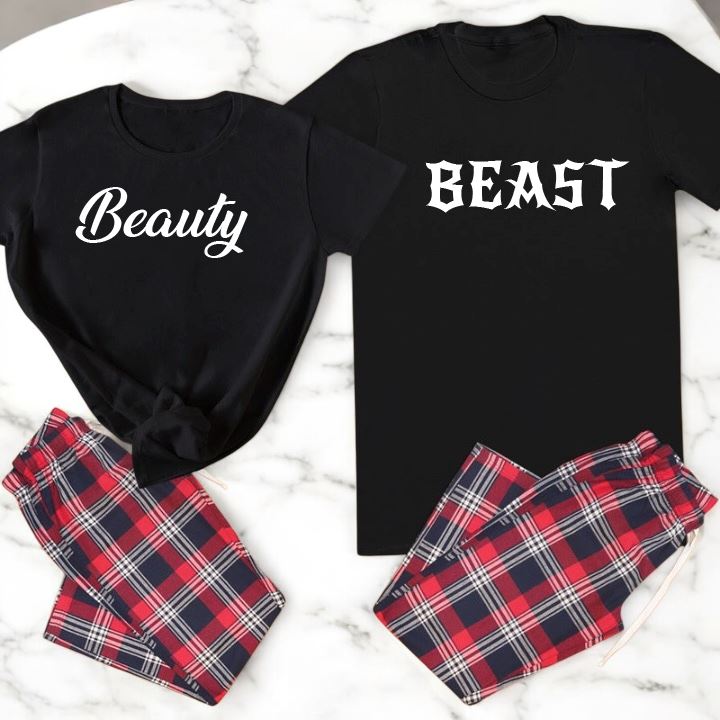 White Matching His & Hers Beauty Beast Tartan Pyjamas Pyjamas Print My Tops
