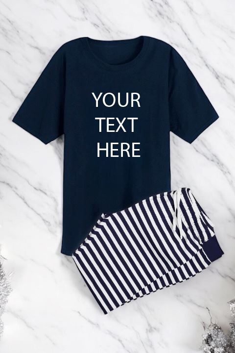 Your photo and text Pyjamas Navy Striped Pyjamas Print My Tops Mens Small (32 inch Waist)