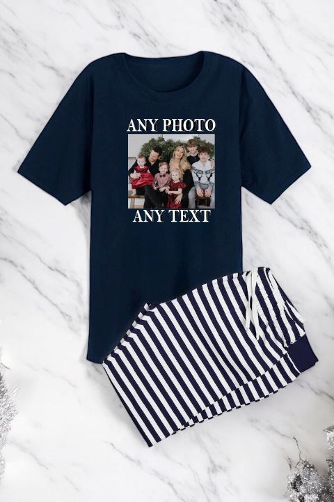 Your Text and Photo Pyjamas Navy Striped Pyjamas Print My Tops Mens Small (32 inch Waist)