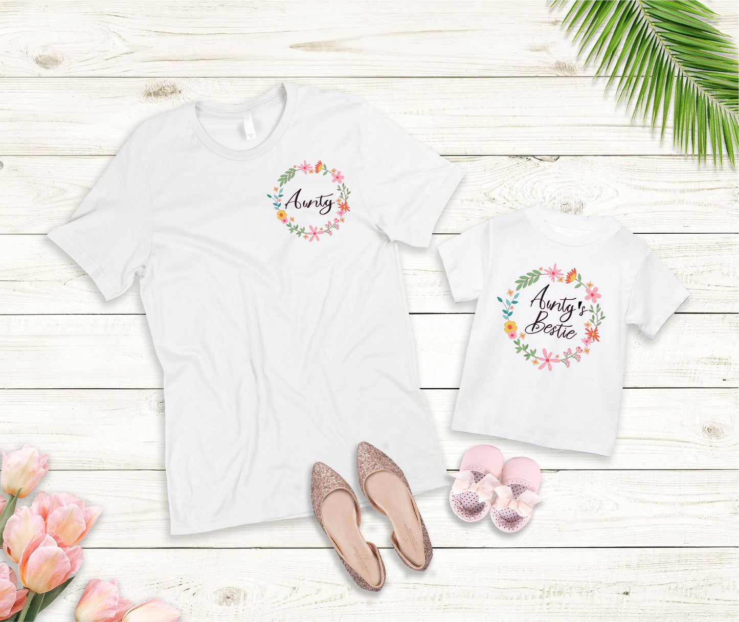 Aunty & Aunty's Bestie Floral Wreath T-Shirts