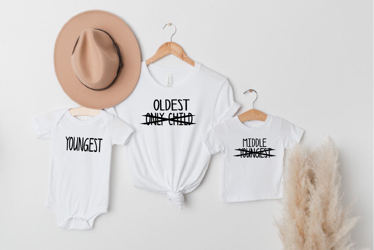 Matching Sibling White Tops Youngest, Middle and Oldest Child