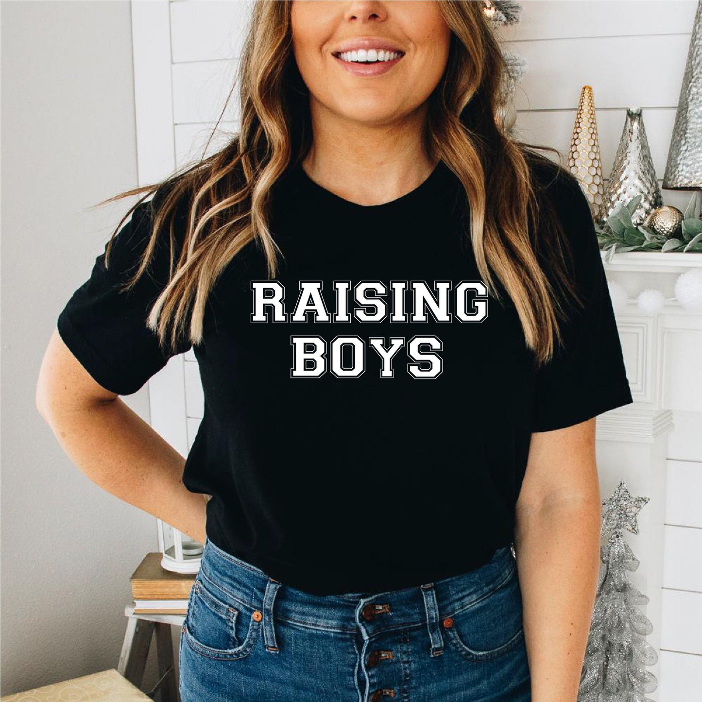 Mum Of Boys Raising Boys Slogan T-shirt