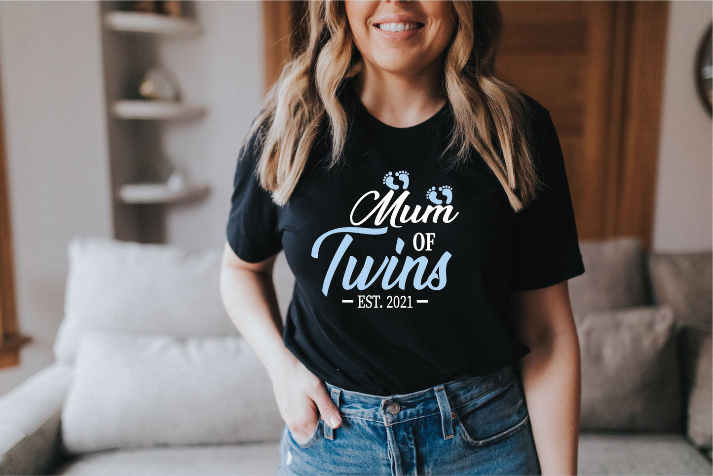 Mum of Twins Blue Footprints T-shirt