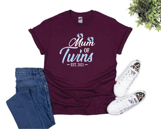 Mum of Twins Blue Footprints T-shirt