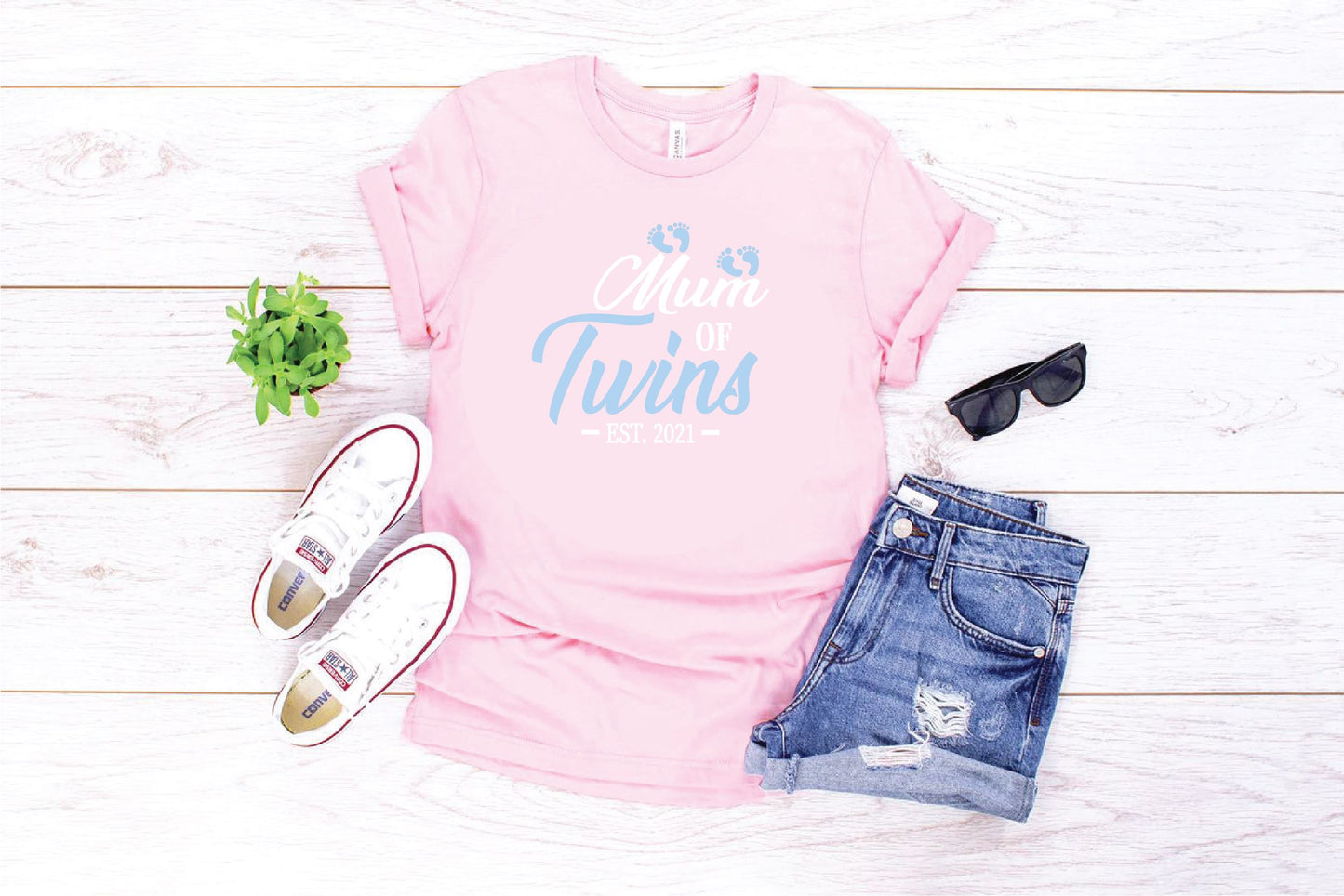 Mum of Twins Blue Footprints T-shirt