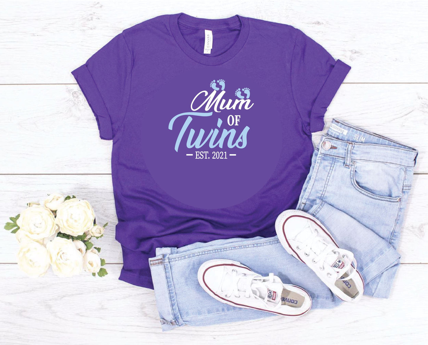 Mum of Twins Blue Footprints T-shirt