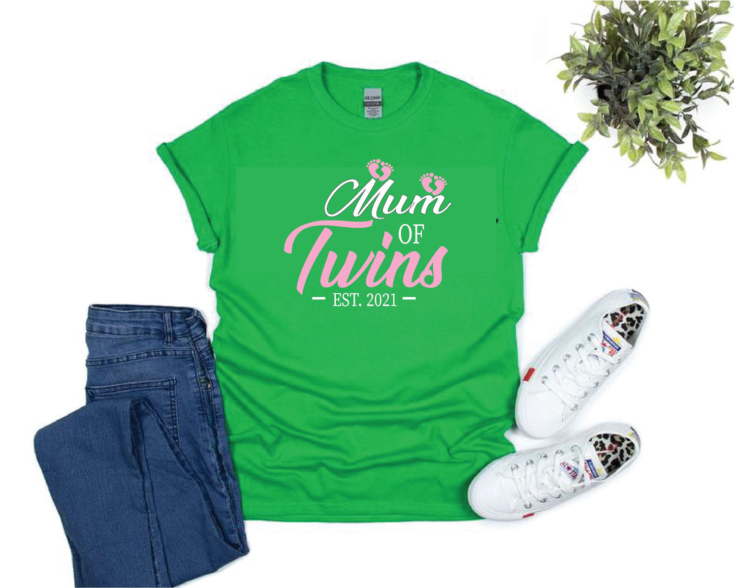 Mum of Twins Pink Footprints T-shirt