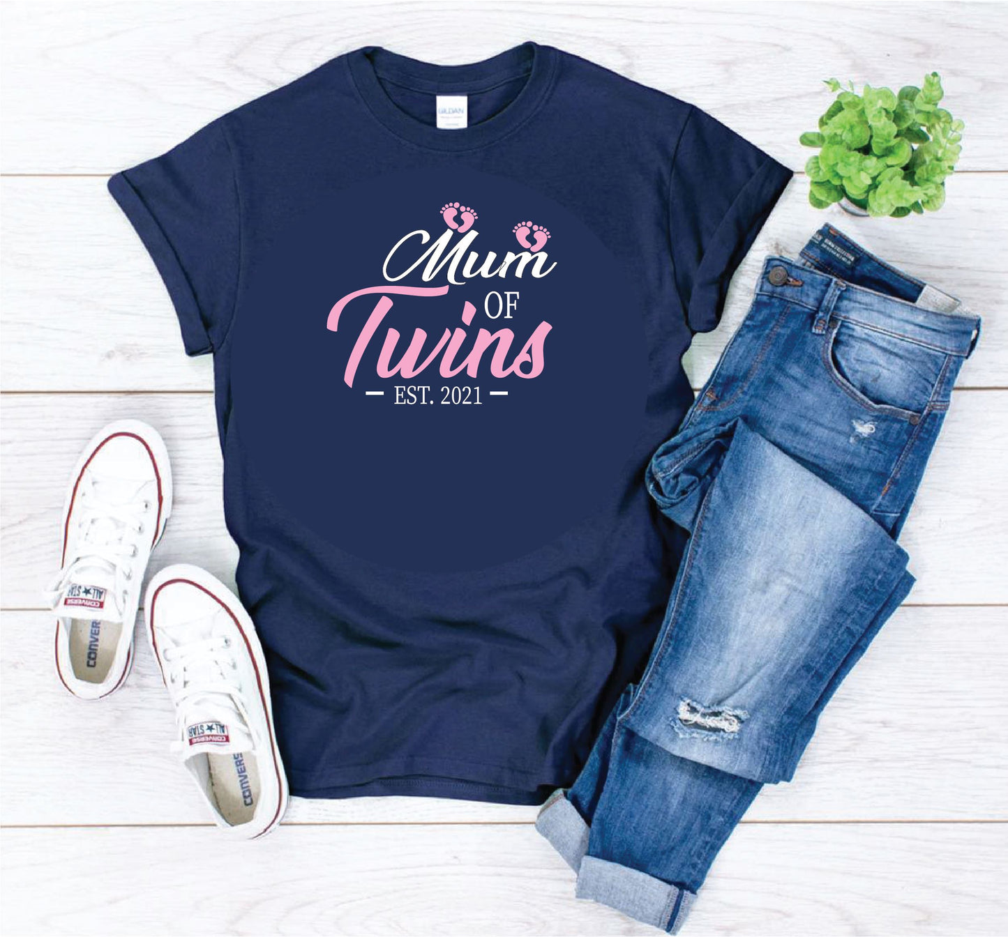 Mum of Twins Pink Footprints T-shirt