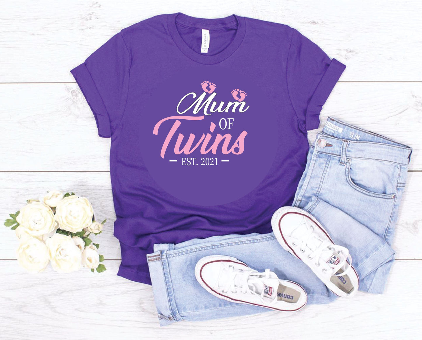 Mum of Twins Pink Footprints T-shirt