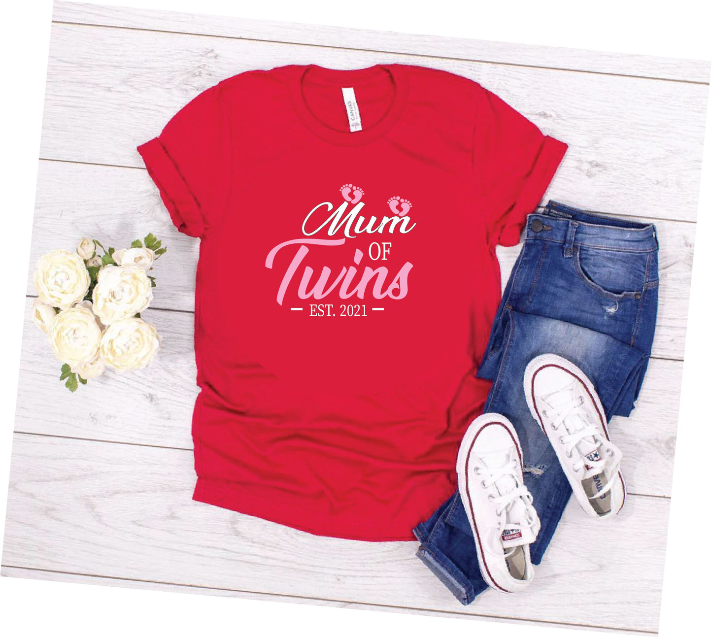 Mum of Twins Pink Footprints T-shirt