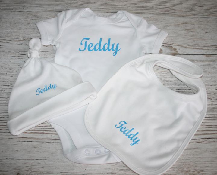 Personalised Baby Hat, Bib and Bodysuit Set