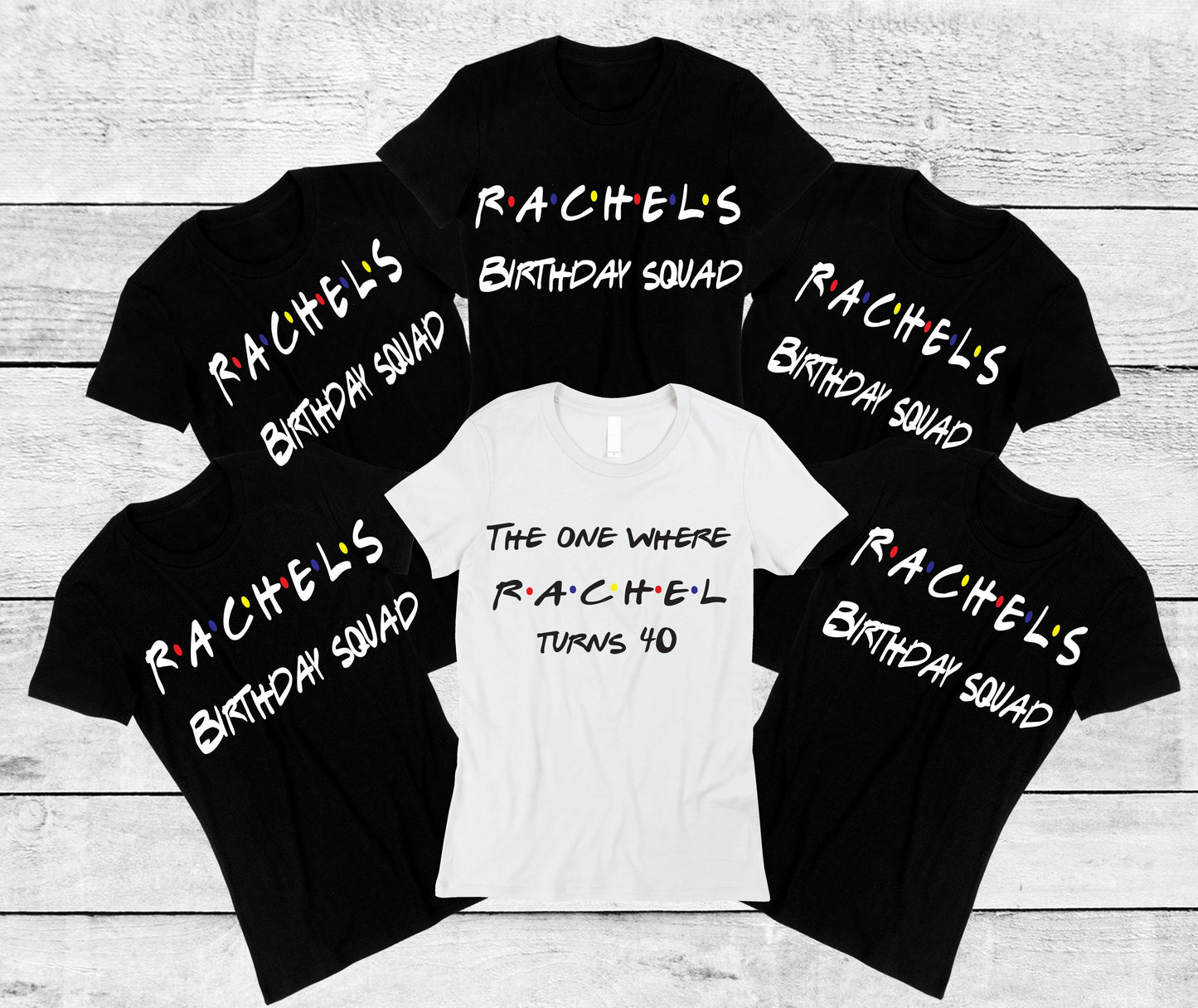 Personalised Friends style birthday t-shirt front view — black version with ‘The One Where’ print