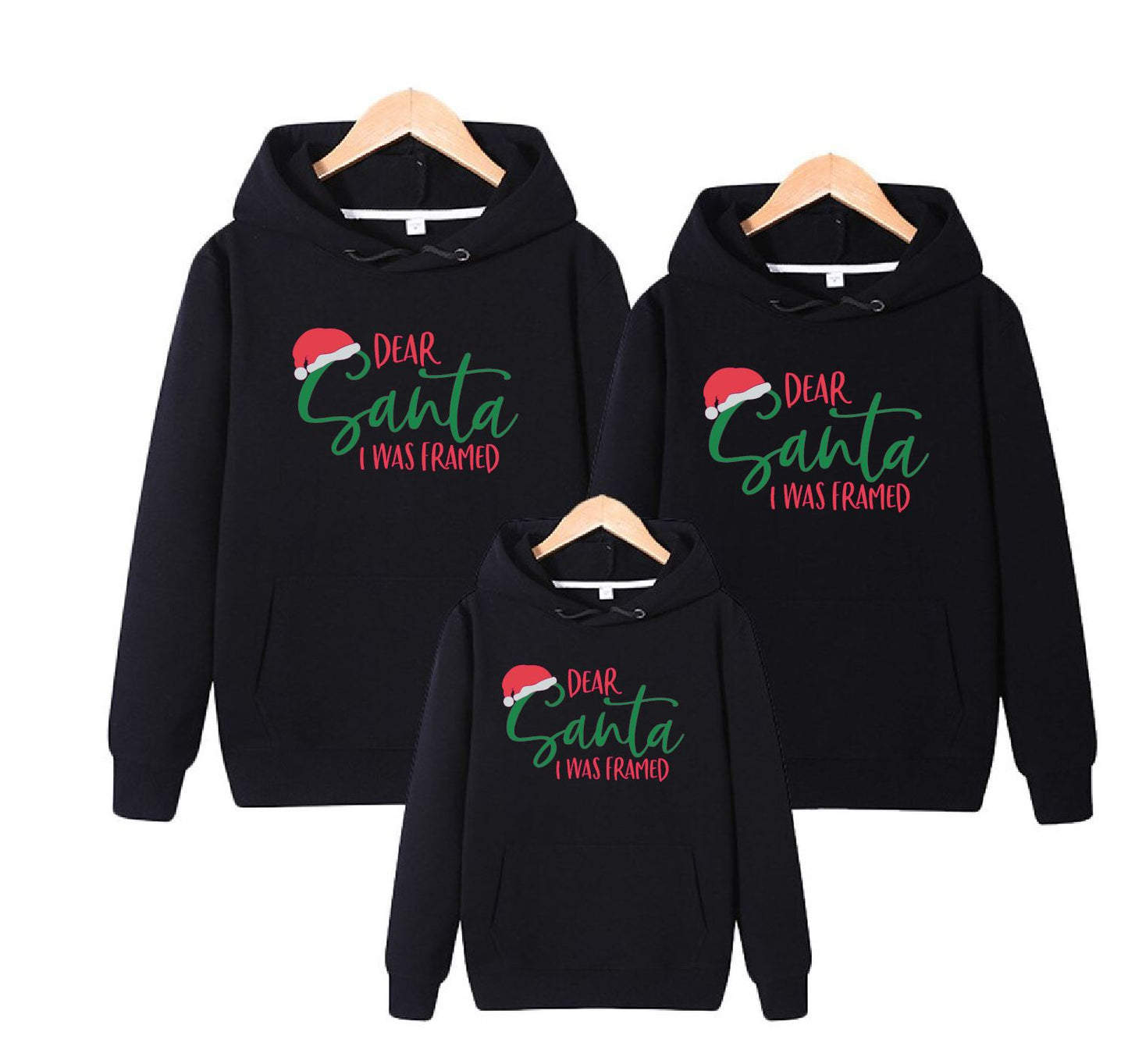Santa I was framed matching family black hoodies