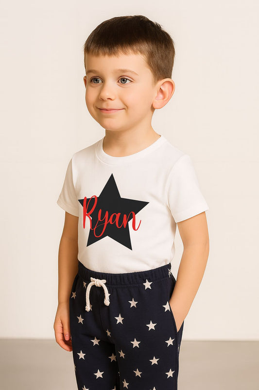 Boys Navy Star Personalised Pyjamas – Your Name Kids Nightwear Pyjamas Print My Tops 0-6 Months 