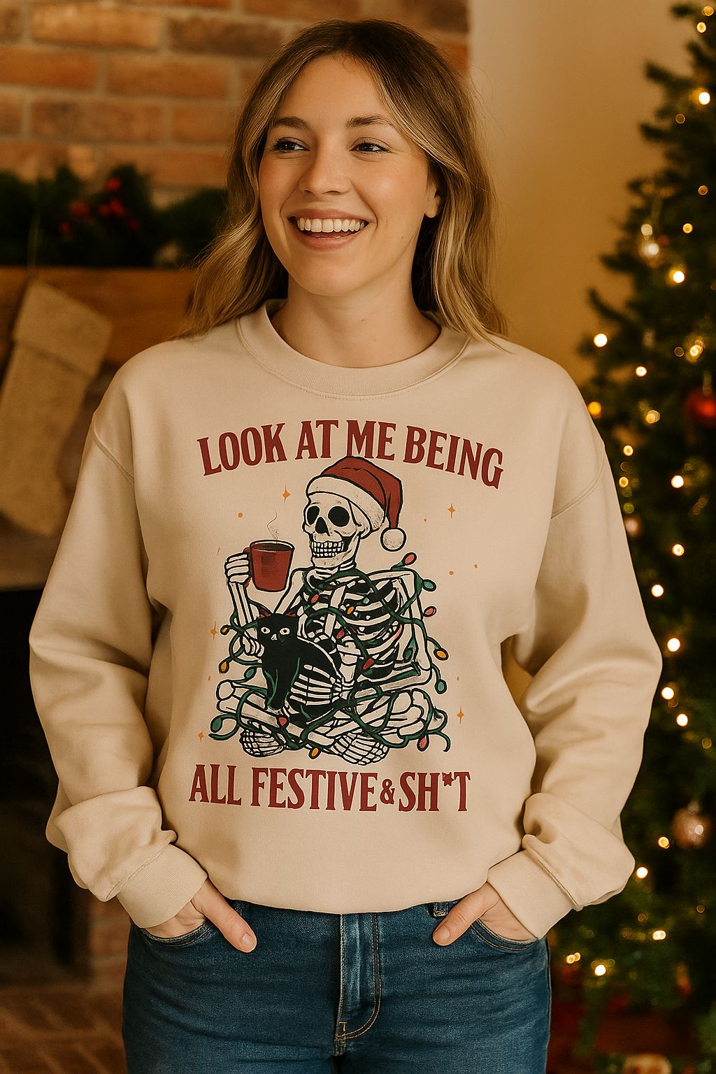 Funny Christmas Skeleton Sweatshirt – “Look at Me Being All Festive & Sh*t” Jumper Sweatshirt Print My Tops Womens Small (Size 10-12) Beige 