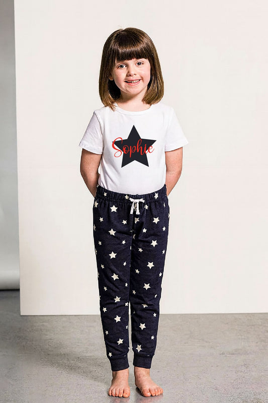 Girls Navy Star Personalised Pyjamas – Your Name Kids Nightwear Pyjamas Print My Tops 0-6 Months 