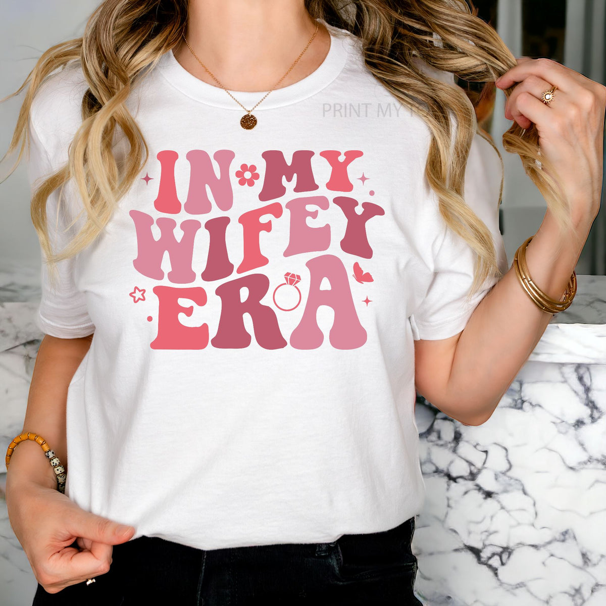 In My Wifey Era Hen Party Honeymoon Wife Slogan Tshirt Top – Print My Tops