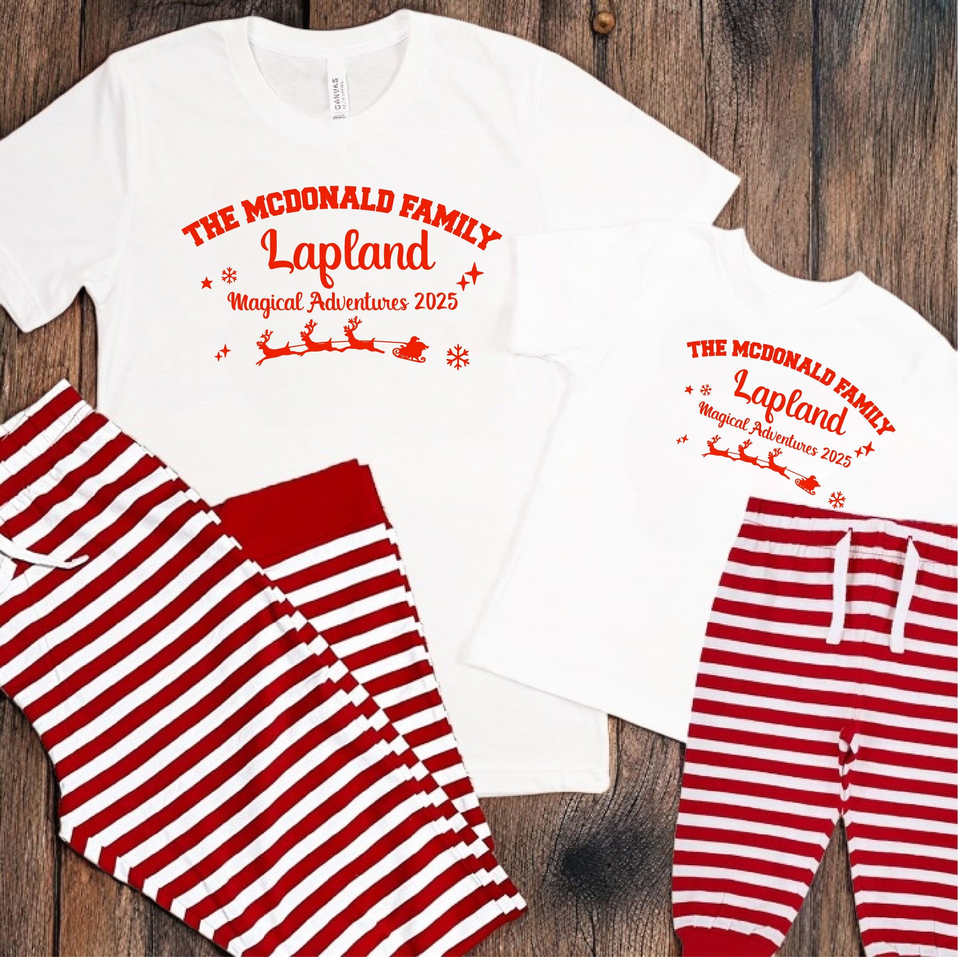 Lapland Personalised Family Christmas Pyjamas – Red & White Stripe Set Pyjamas Print My Tops 