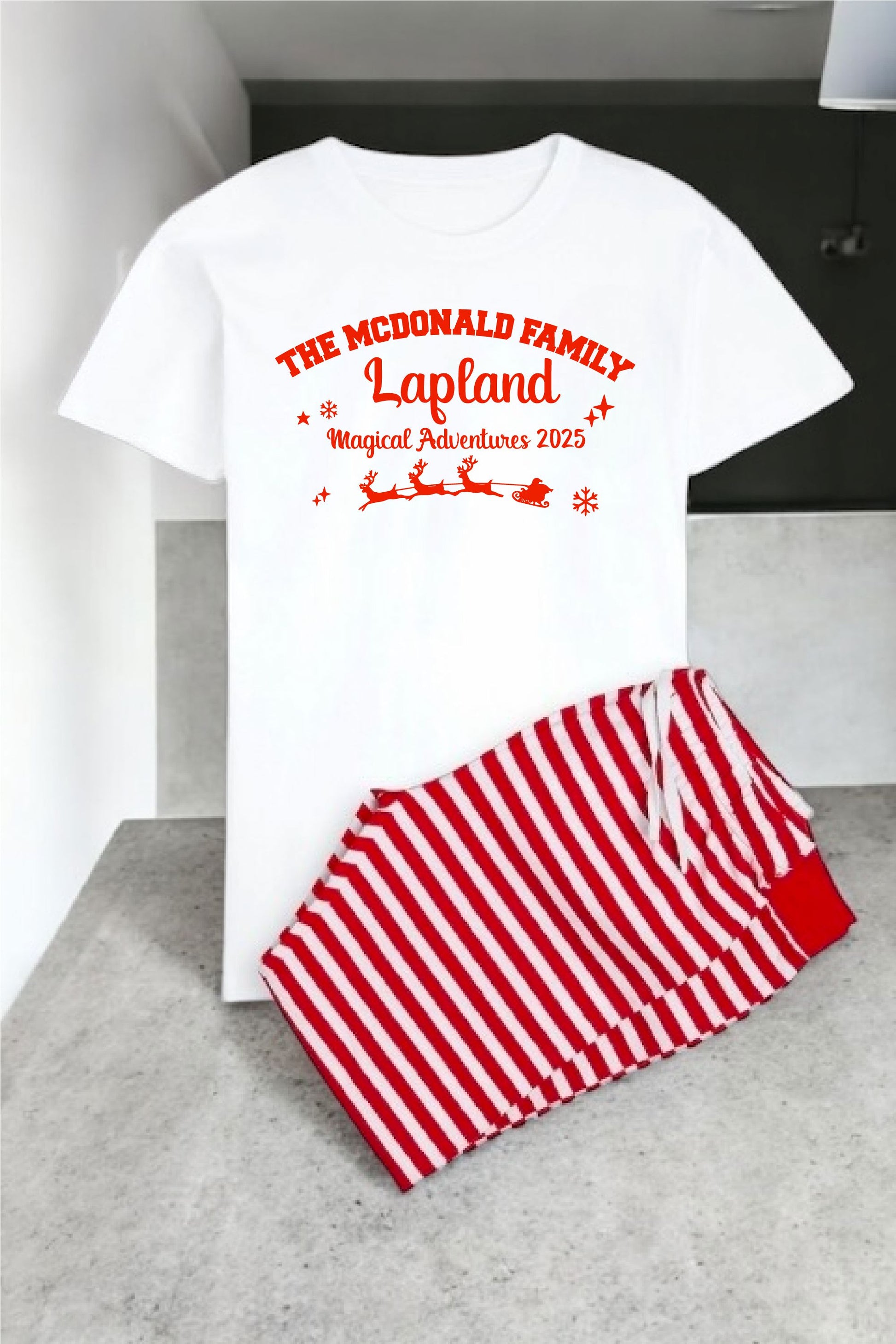 Lapland Personalised Family Christmas Pyjamas – Red & White Stripe Set Pyjamas Print My Tops 