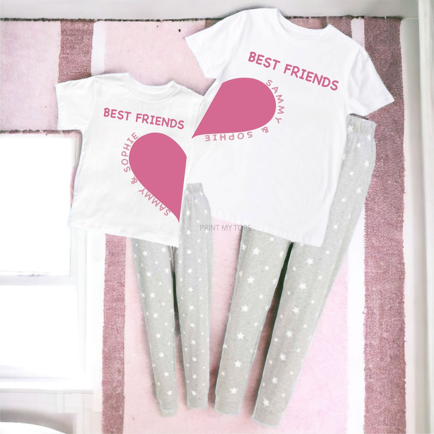 Matching Best Friends Heart Personalised Pyjamas – Set of 2 T-shirt Print My Tops 