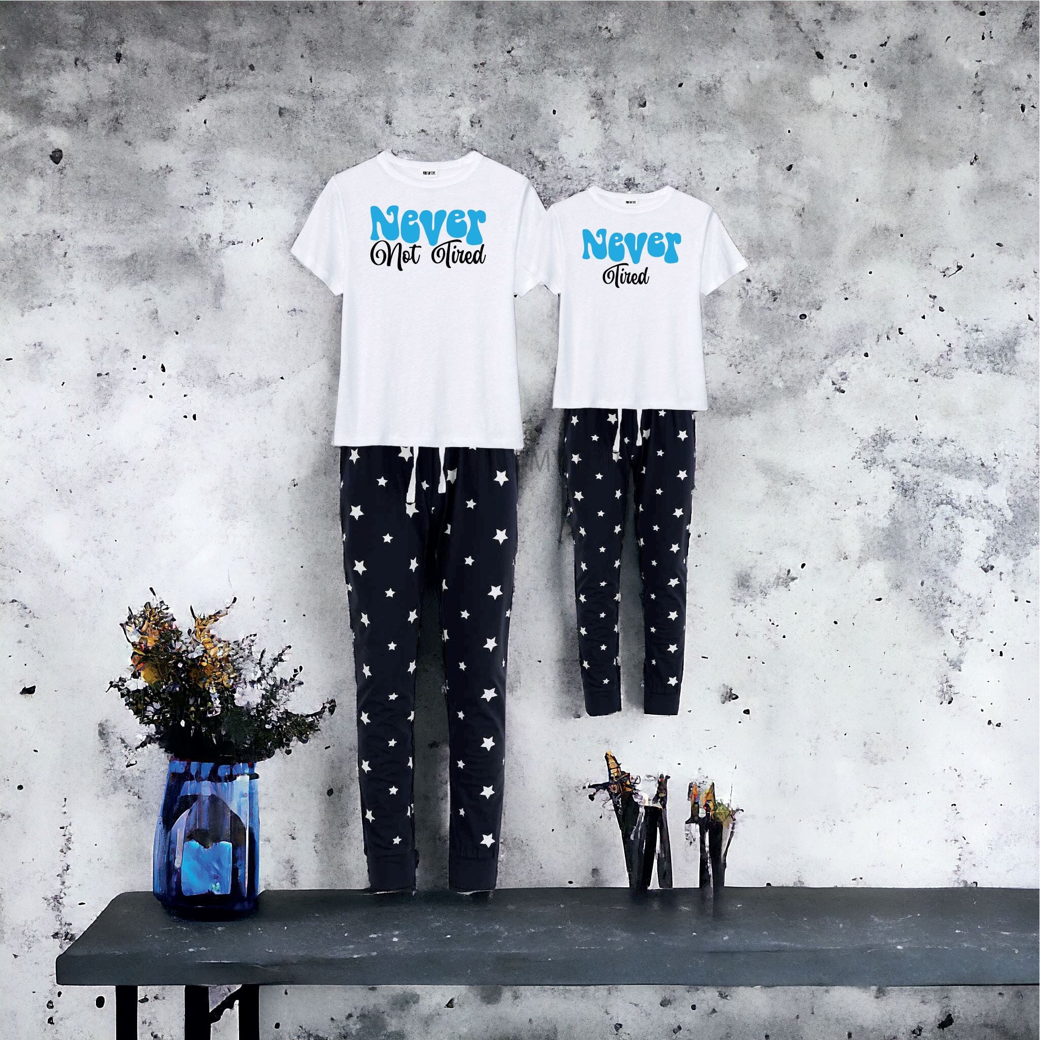 Tired Pyjamas Never Tired Matching slogan pyjamas Blue matching pyjamas Mama Mini ...