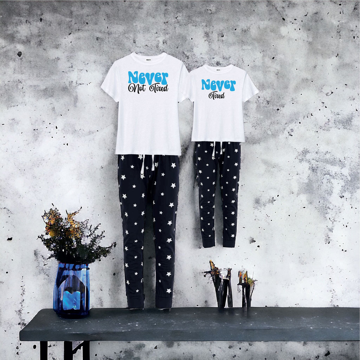 My Pyjamas Never Tired Matching slogan pyjamas Blue matching pyjamas Mama Mini ...