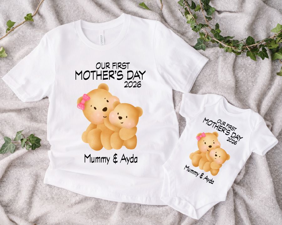 Mum and Baby First Mothers Day Personalised Bear Tops T-shirt Print My Tops 