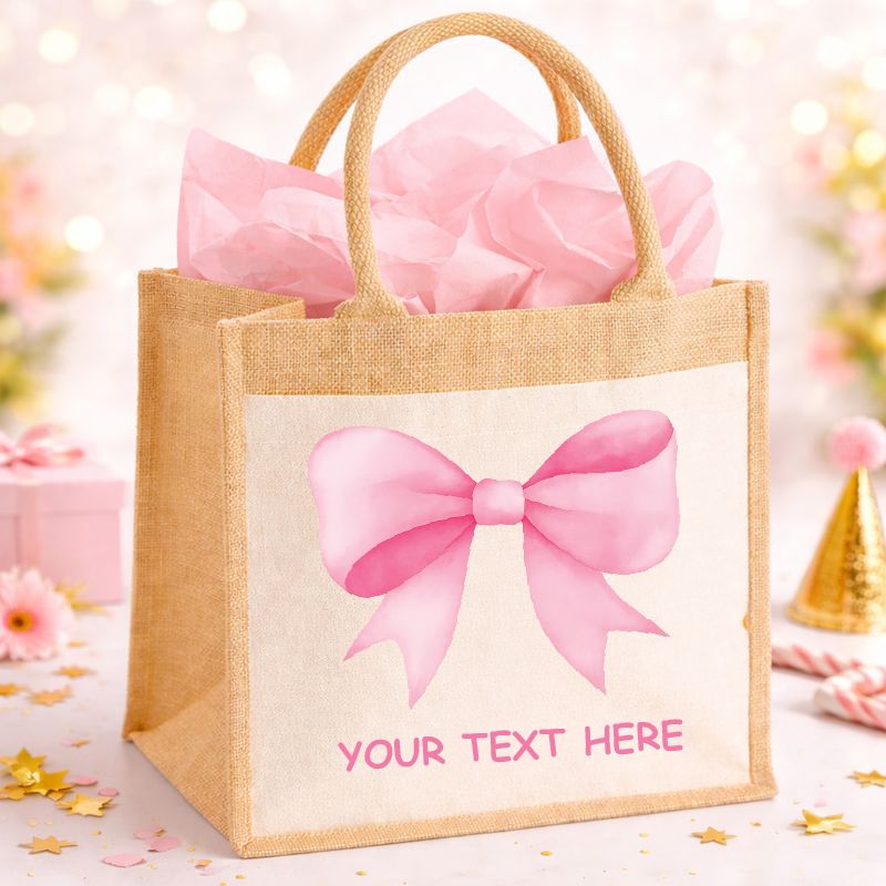 Personalised Birthday Gift Bag - Pink Bow Custom Text Tote Bag Print My Tops 