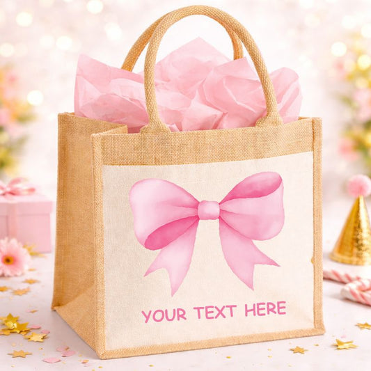Personalised Birthday Gift Bag - Pink Bow Custom Text Tote Bag Print My Tops 