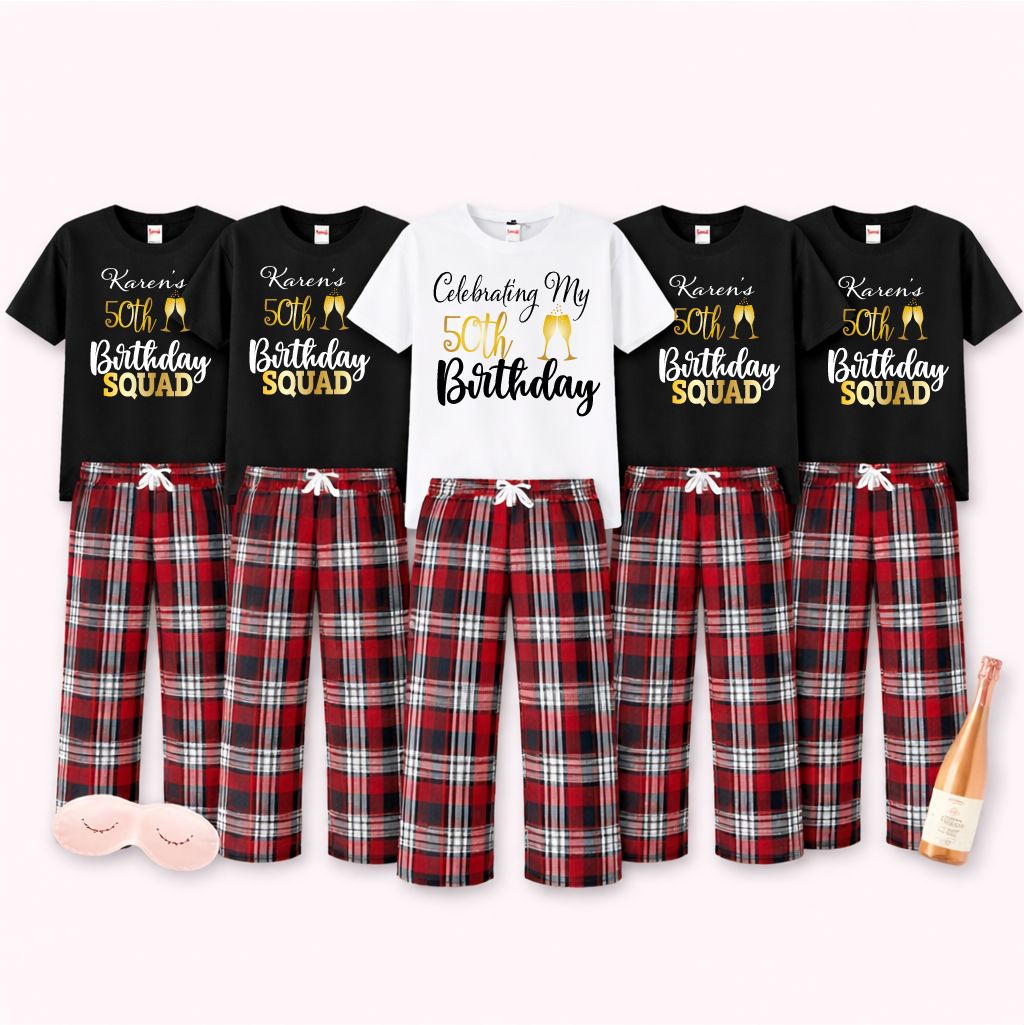 Personalised Birthday Squad Pyjamas – Any Age Pyjamas Print My Tops Womens XS (Size 6-8) Black - Squad 