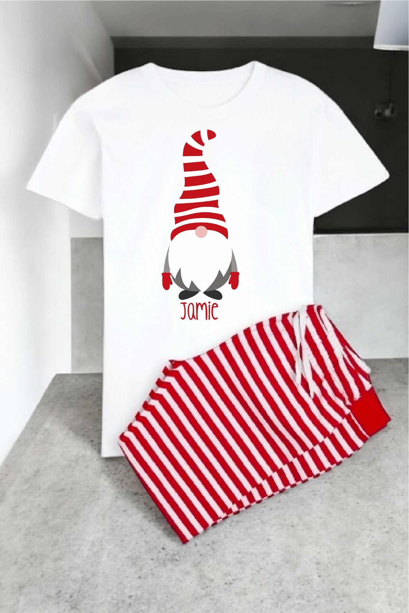 Personalised Christmas Gonk Pyjamas – Red & White Striped Family Matching PJs Pyjamas Print My Tops 