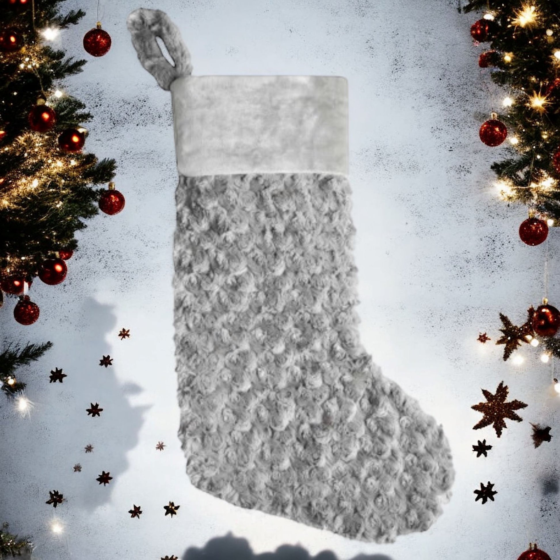 Personalised Christmas Plush Fluffy Stockings Bag Print My Tops Grey 