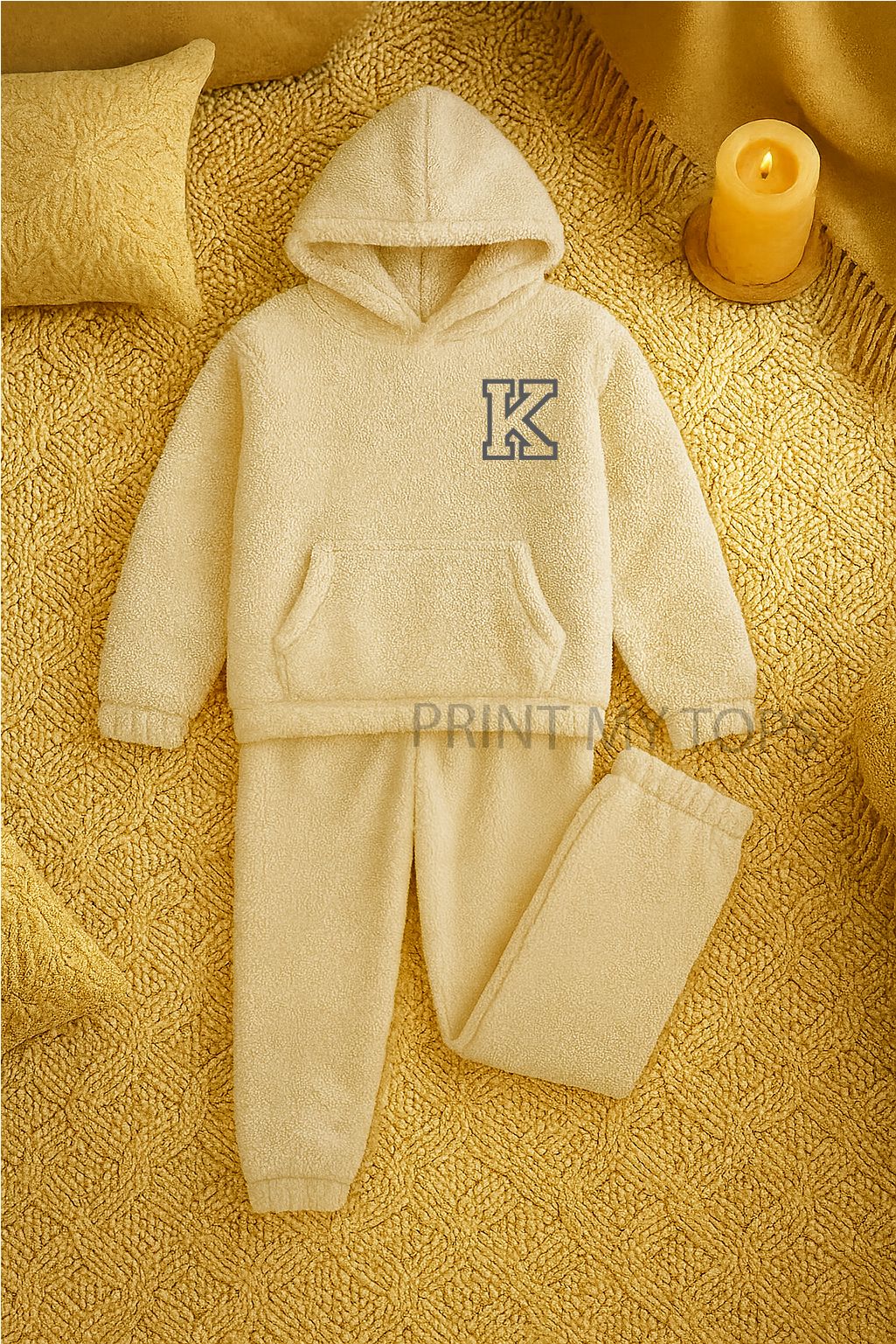 Personalised Fleece Pyjamas – Initials Loungewear Set in Cream Pyjamas Print My Tops 