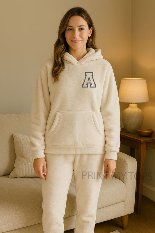 Personalised Fleece Pyjamas – Initials Loungewear Set in Cream Pyjamas Print My Tops 