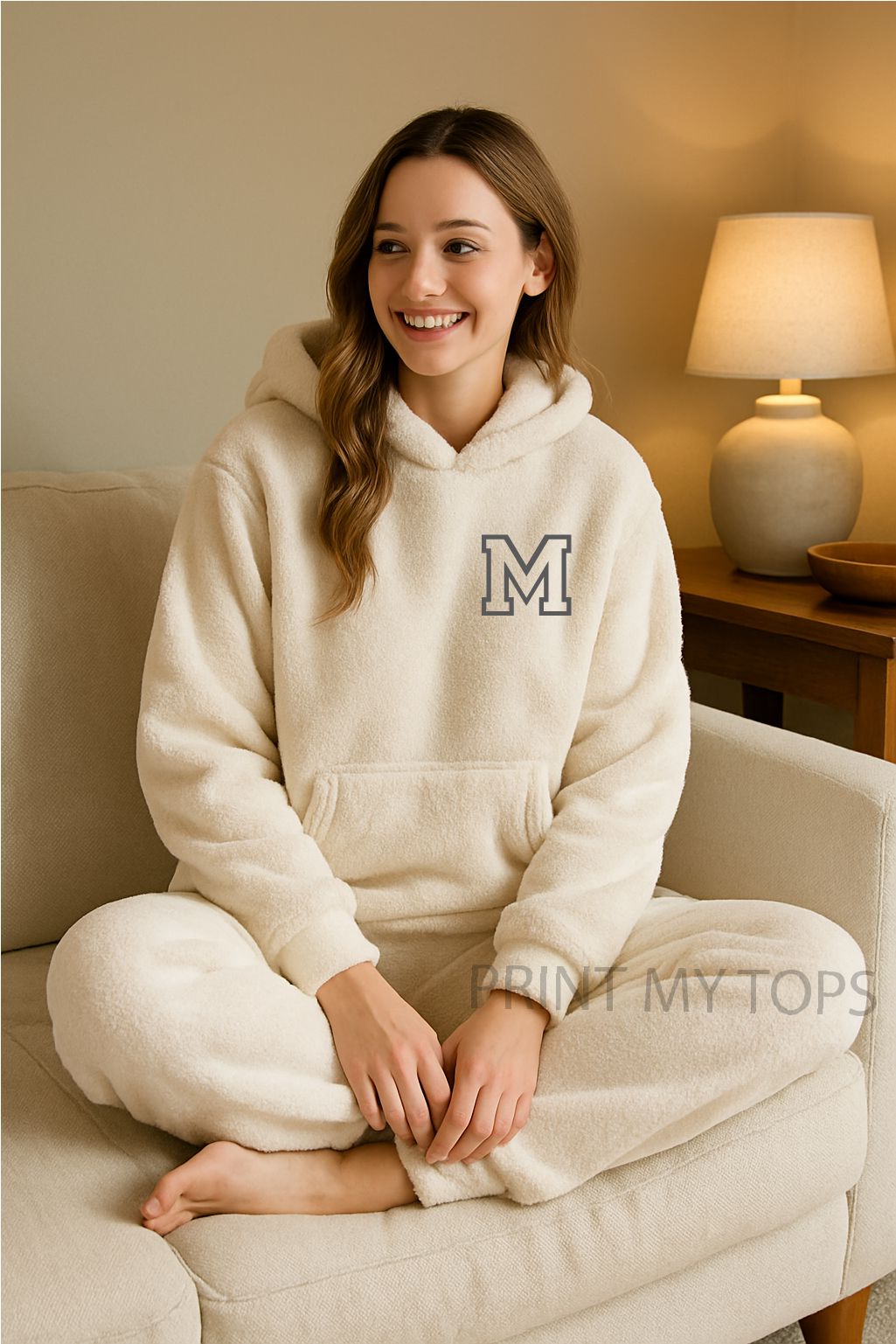 Personalised Fleece Pyjamas – Initials Loungewear Set in Cream Pyjamas Print My Tops Small 10-12 