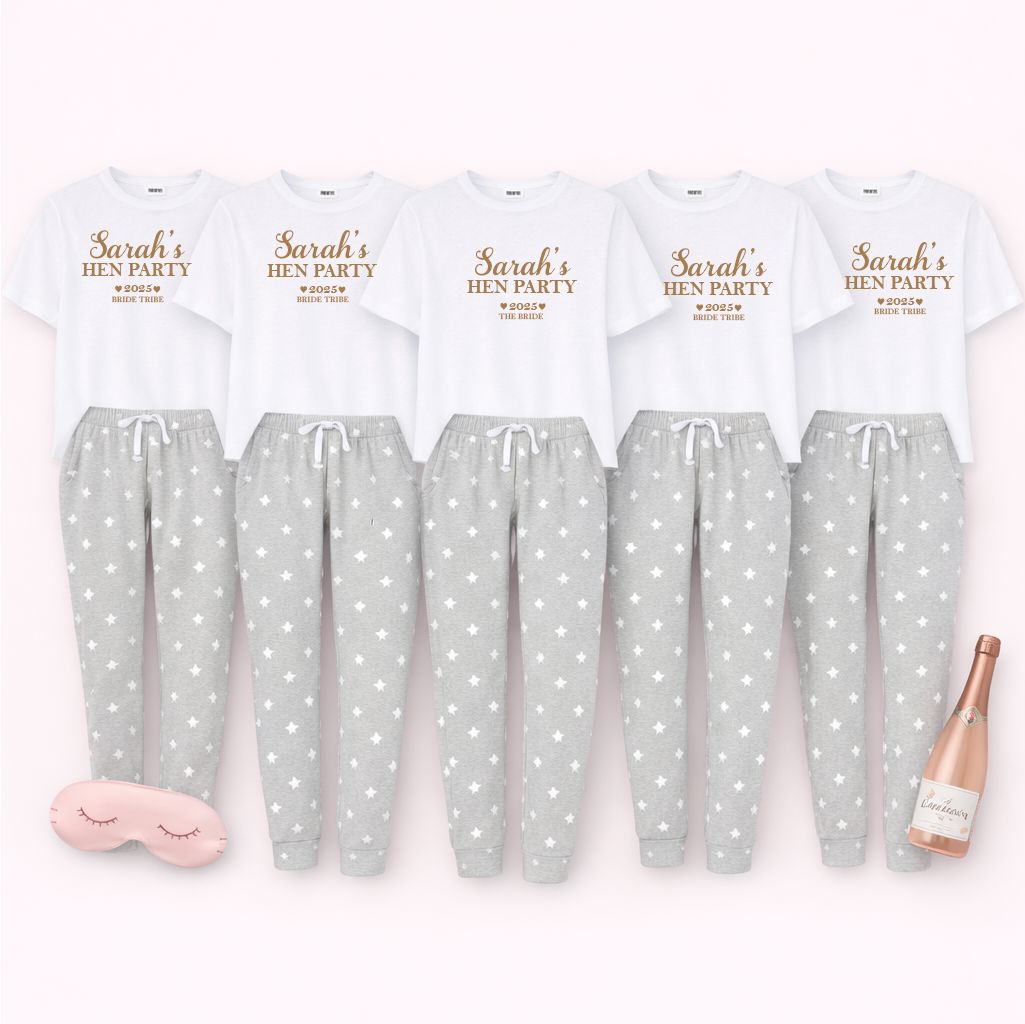 Personalised Hen Party Pyjamas Set – Bride & Bride Tribe Matching Pyjamas Pyjamas Print My Tops Womens XS (Size 6-8) Grey Stars 